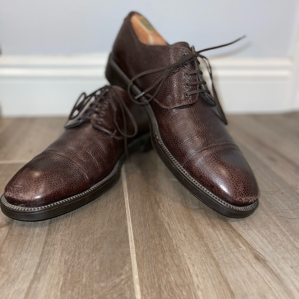 Salvador Ferragamo Oxford brown pebble green leather